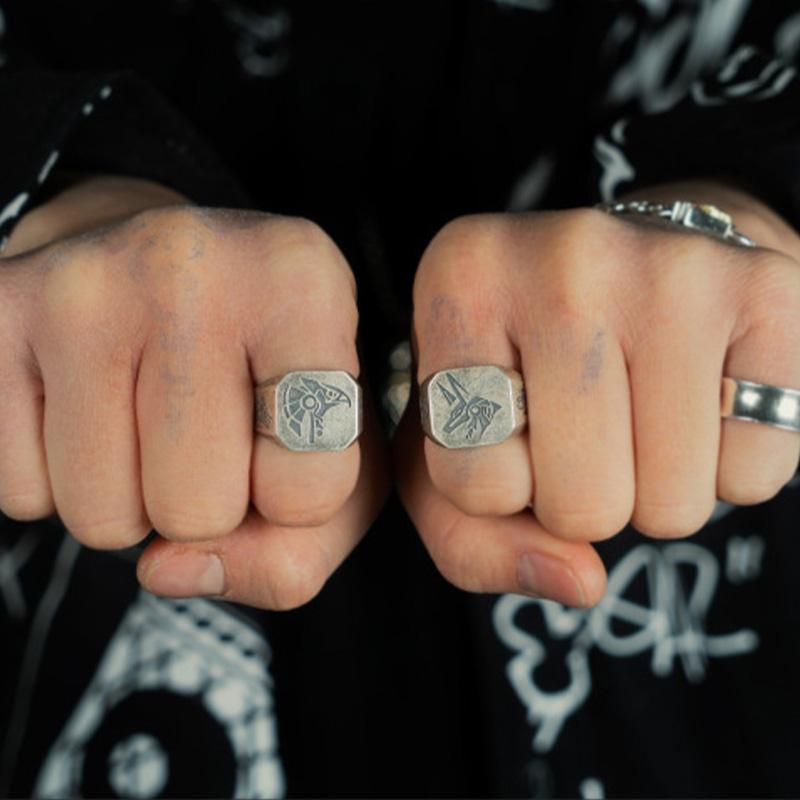 Retro Egypt Anubis Horus Ring For Men Punk Gothic Rock Hiphop Open Ring Handmade Designer Zircon Biker Accessories Lover Gift