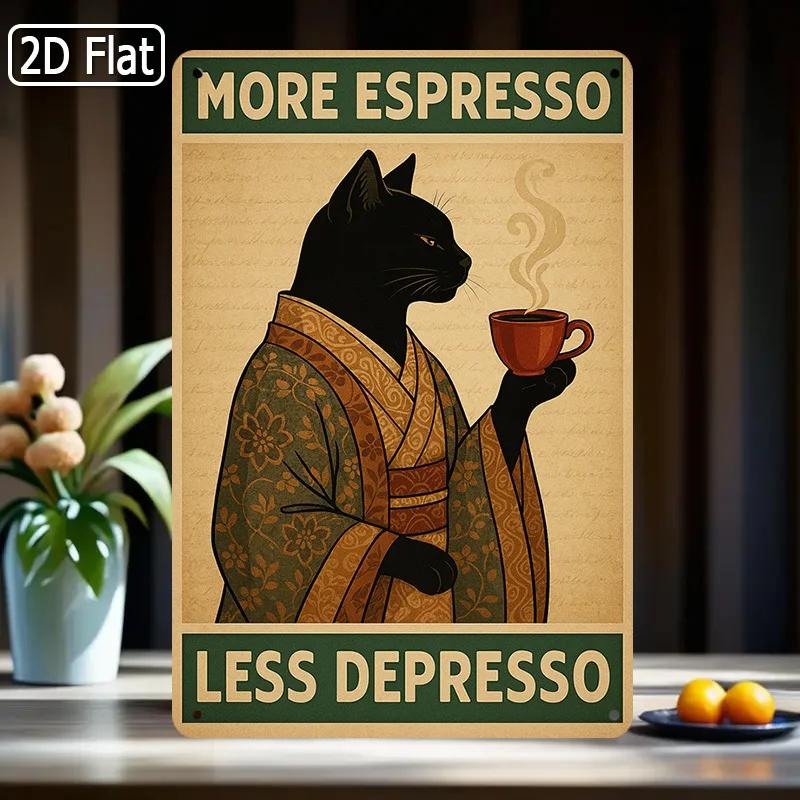 [1pc Sign] Coffee Tin Sign, More Espresso Less Depresso, Black Cat Design, Funny Cafe Sign, Coffee Shop Decor, Modern Wall Art