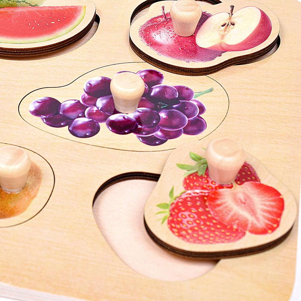 Classic World Fruit Peg Puzzle, Shape-Matching Puzzle, Wooden Pick-Up Puzzle, Fruit Design for Girls and Boys, Ages 1 and 2, Baby Gift, Birthday