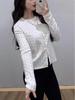 Women's Ribbed Jacquard Knit Cardigan with Long Sleeves and Round Neck