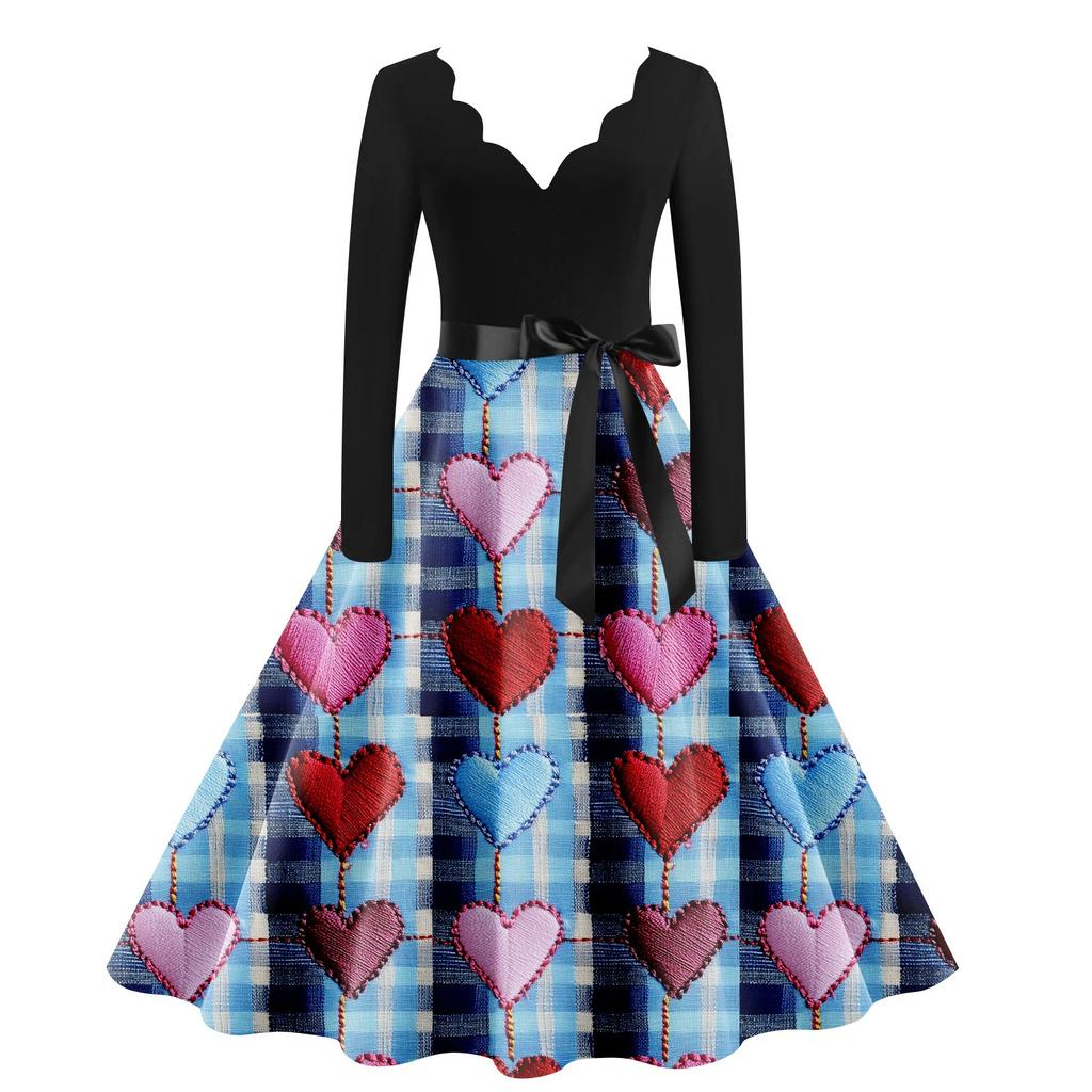 Dámské ležérní módní šaty s výstřihem do V, dlouhým rukávem, roztomilým potiskem, vintage dlouhé šaty