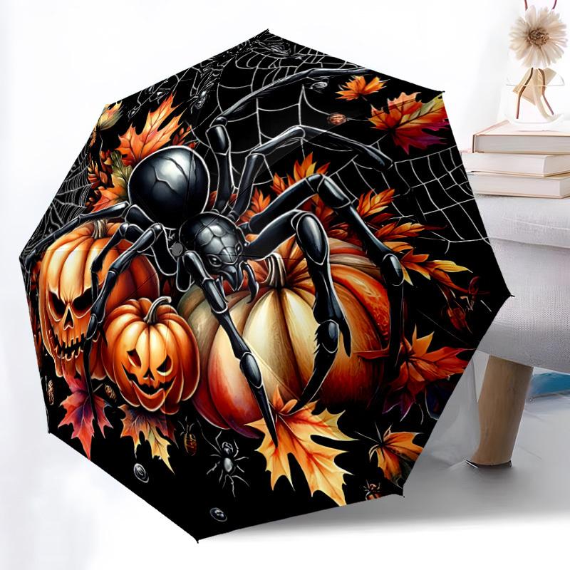 1pc Halloween Spider Automatic Folding Umbrella, Lightweight Retractable Compact Travel Umbrella, 8-Rib Sturdy Frame078