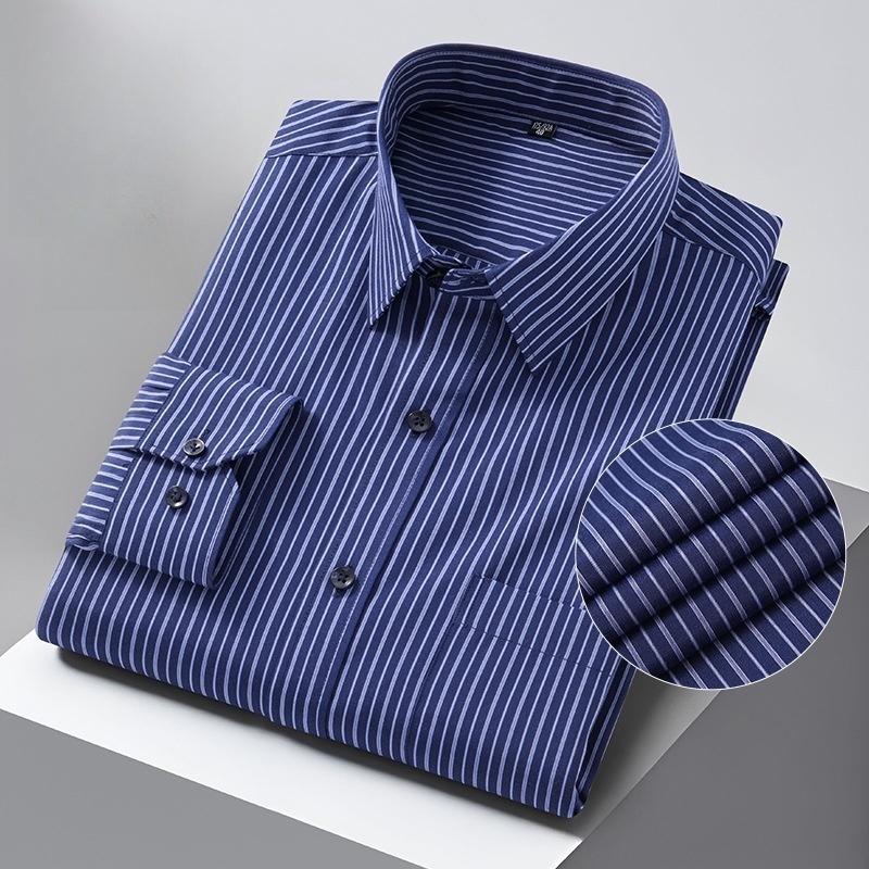 Men Formal Shirt Long Sleeve Office Solid Color Striped Anti-Wrinkle Fashion Business Pocket White Social Shirt Men's Clothing