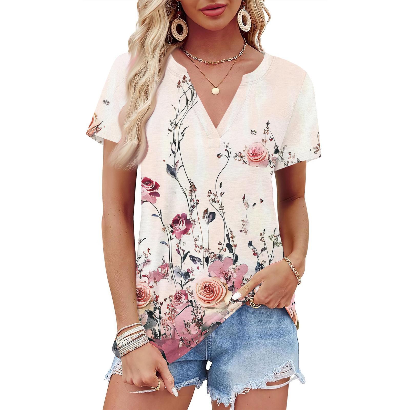 

Женская летняя рубашка с коротким рукавом и V-образным вырезом с цветочным принтом, деловая повседневная свободная футболка, трендовая модная одежда, топы XL красный