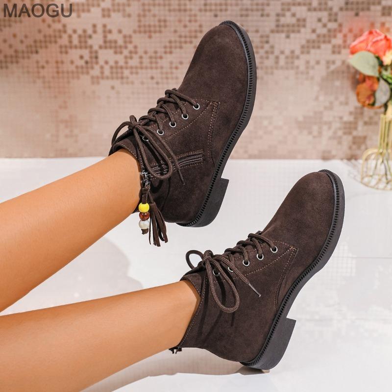Bottines courtes à talons bas en PU daim Automne Nouveau Bout rond Lacets sur le devant Fermeture éclair latérale Semelle souple Antidérapantes Bottines pour femmes Botines