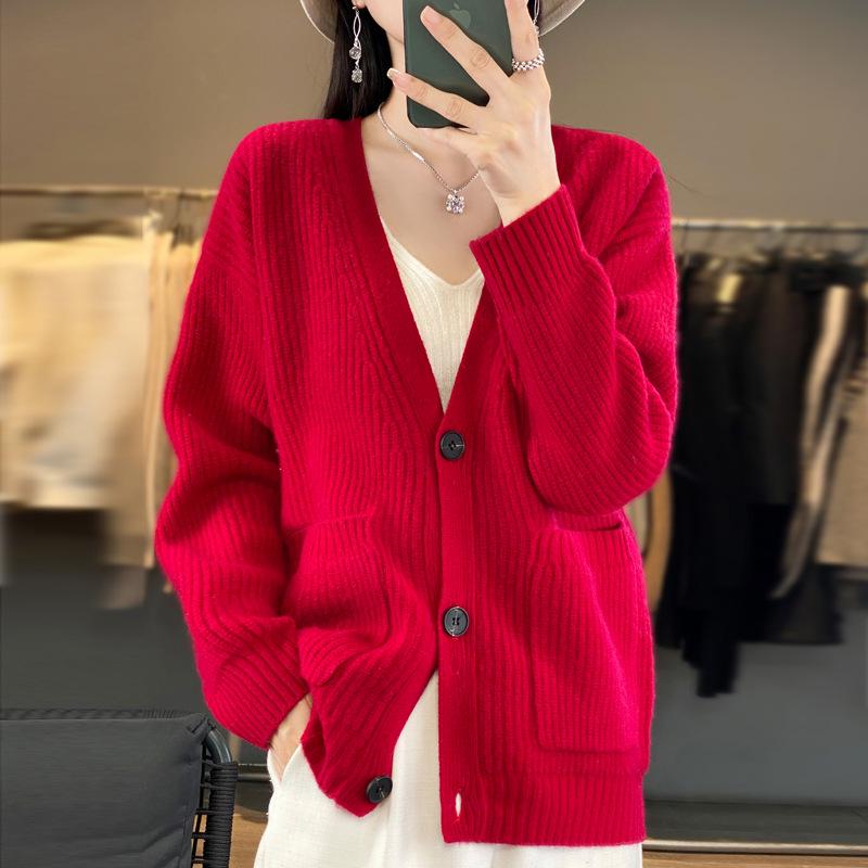 European Women's Winter Sweater - 100% Pure Wool Cardigan, Cashmere Knitwear, Short Coat