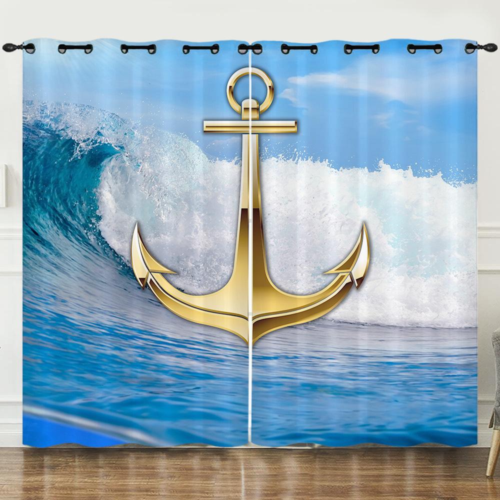 Curtains Nautical Anchor 3D Digital Printing Blinds Blackout Punching Can Be