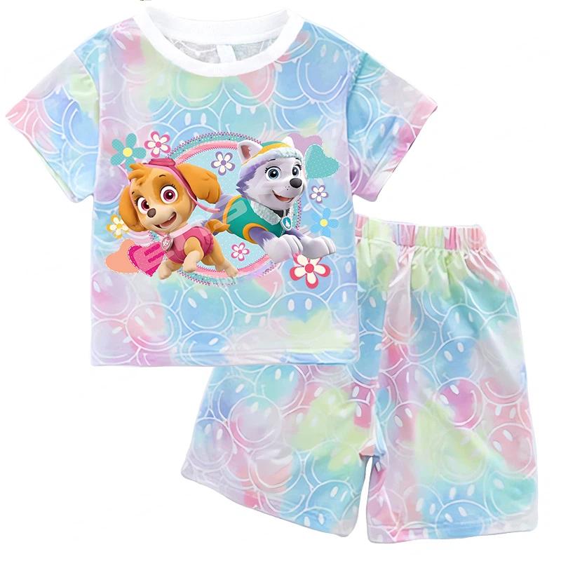 Paw Patrol Summer Clothing Sets for Baby Girl Outfits Cute Print Tie-dye Smile Tees Children Short Sleeve T Shirt Shorts 2pcs