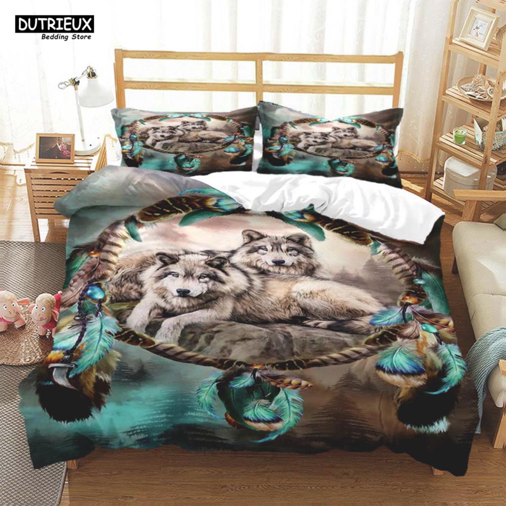 Forest Animal Wolf Printed Polyester Bedding Set Soft And Comfortable Comforter Bedding Sets Complete Size Customizable