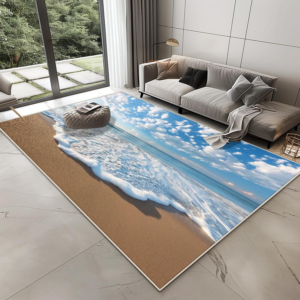 3D Vision Seaside Design Carpet for Living Room Home Decoration Modern Bedroom Rug Lounge Non-slip Washable Plush Floor Mat Soft