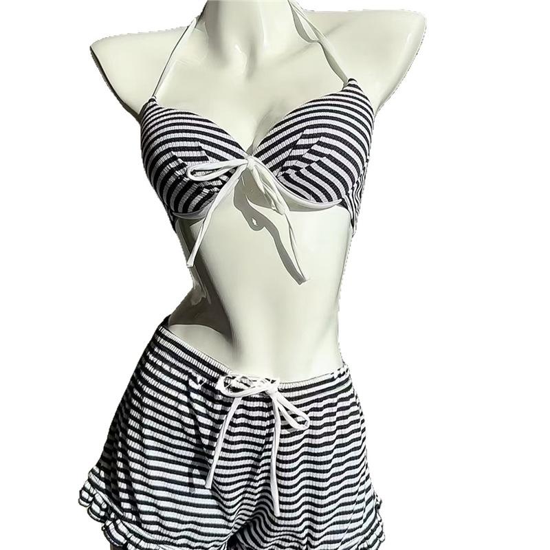 New striped bikini three-piece women's gathering split swimsuit long-sleeved blouse swimsuit sexy hot spring
