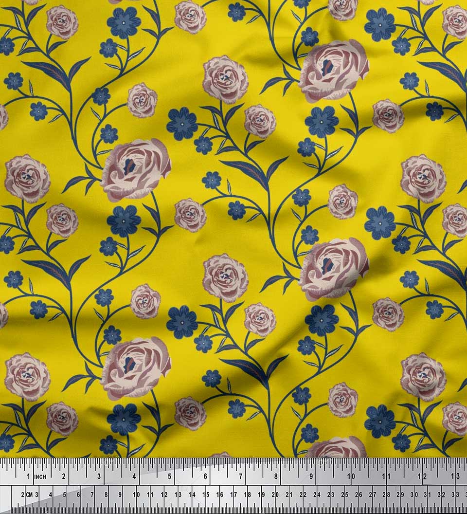 

Тканина Soimoi Japan Crepe Satin Leaves & Rose Floral Print Тканина на метр 42 дюйма 42 Inch Wide - Poly Crepe жовтий