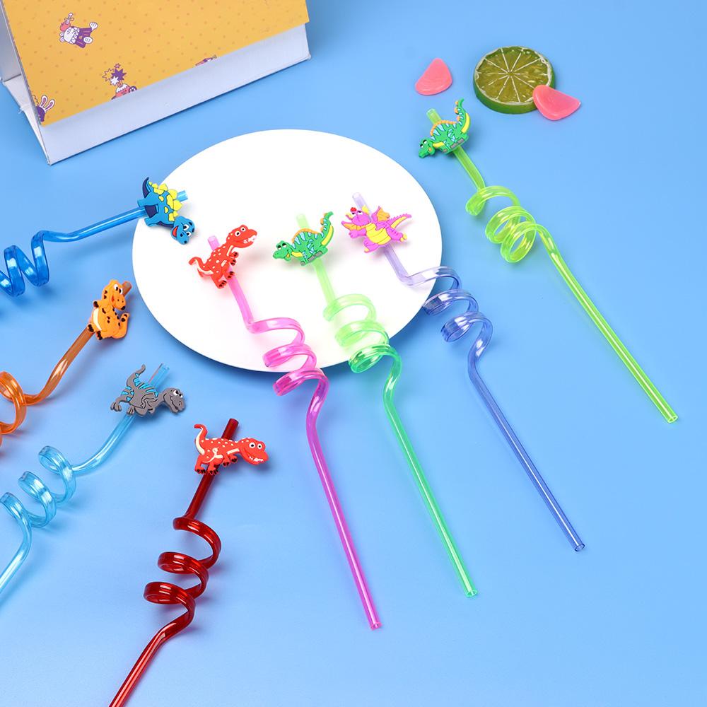 Straw Kids Drinking Decor Straws-Plastic Dino Theme Cartoon Pattern Dinosaur Reusable Straws