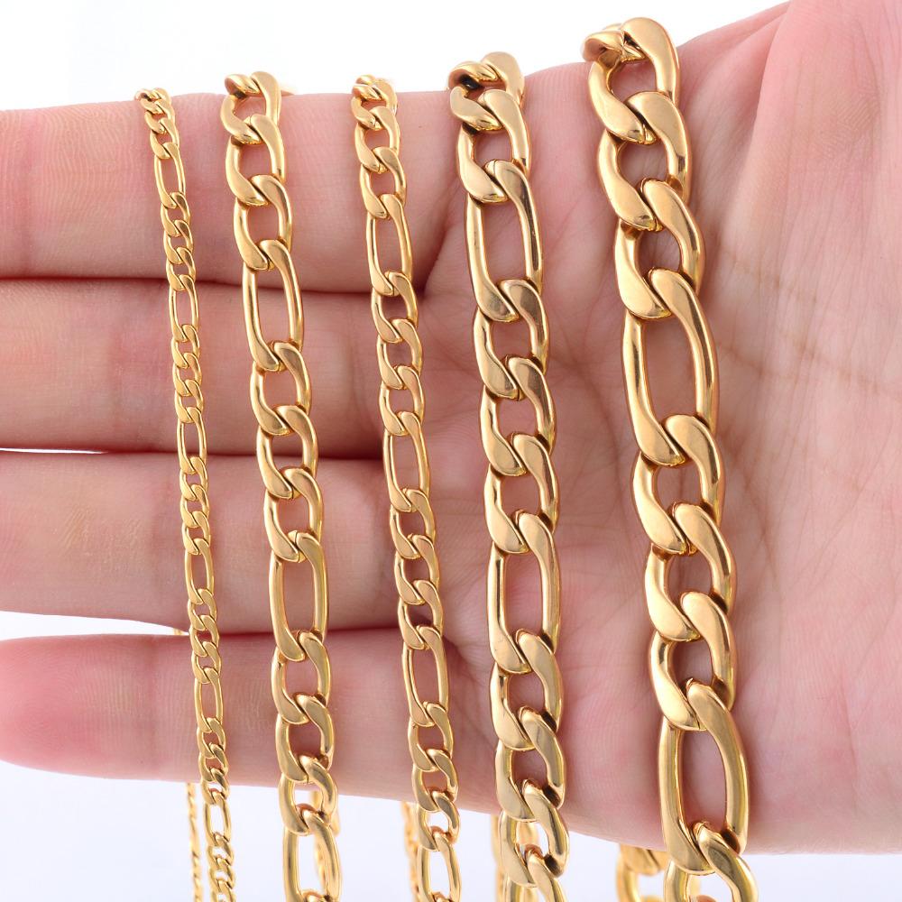 Classic Gold Color Plated Stainless Steel Necklace Link Figaro Chain for Men Women Metal Choker Neck Jewelry Accessories Gift