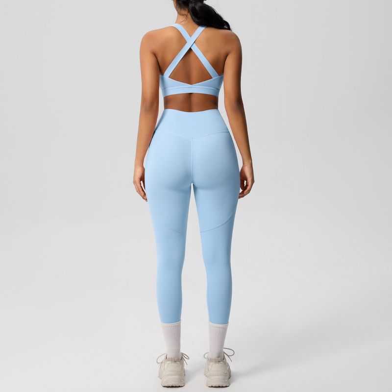Fashion Nude Feel Beauty Back Cross Bubble Wrap Sports Bra High Waist Hip Lift Pocket Sports Yoga Pants Fitness Suit Women