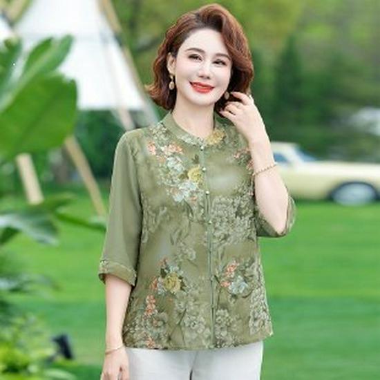 

Elegant Mid-Sleeve Loose Fit Shirt - Spring/Summer New Arrivals for Middle-Aged and Elderly Women 5XL зелёный