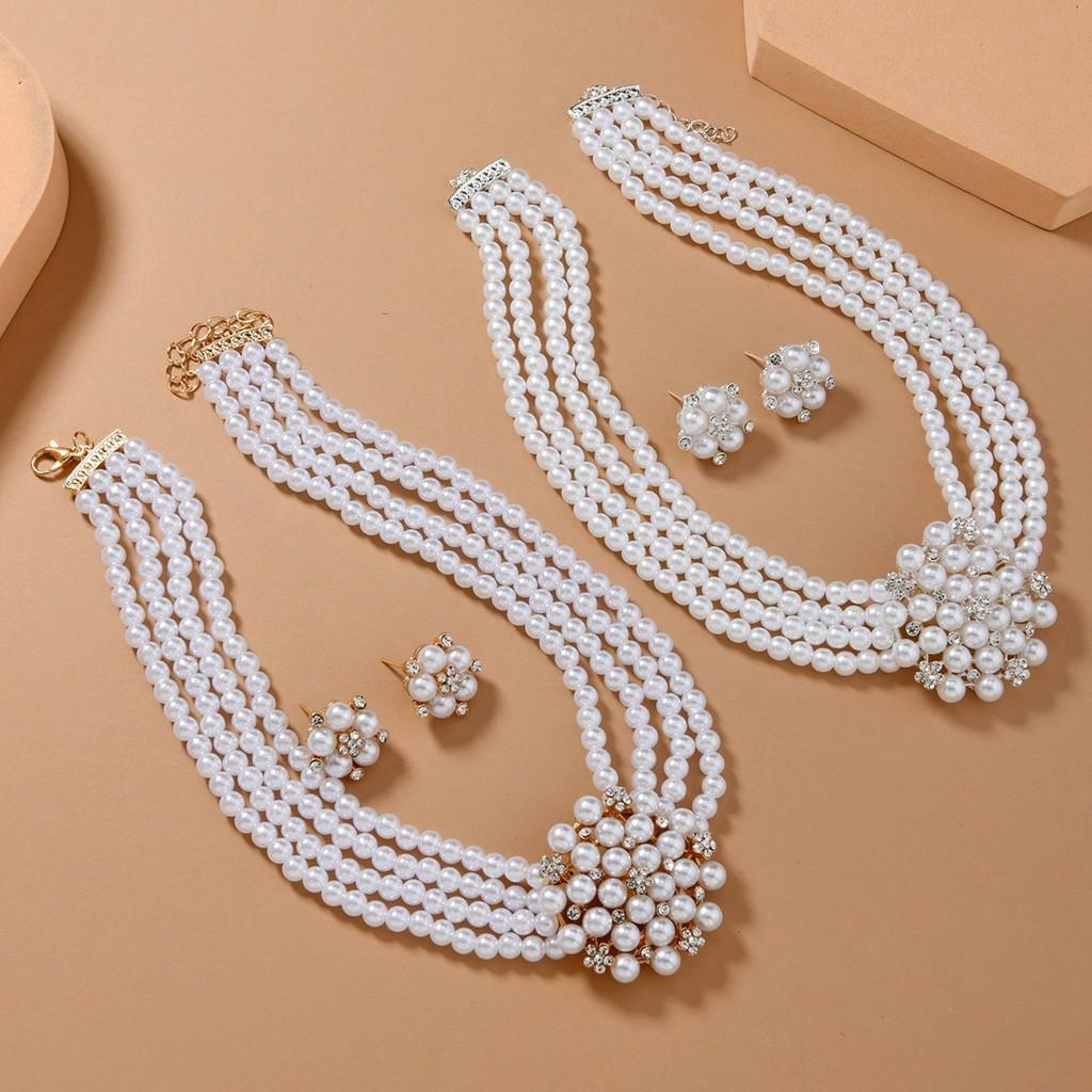 Colar com Pingente de Flor Estilo Europeu e Brincos com Pérola Artificial e Strass