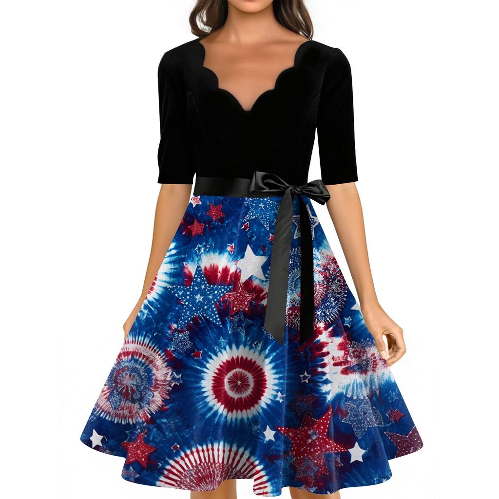 Women's Casual Fashion V-neck Retro Short-sleeved Dress With Flag Independence Day Print