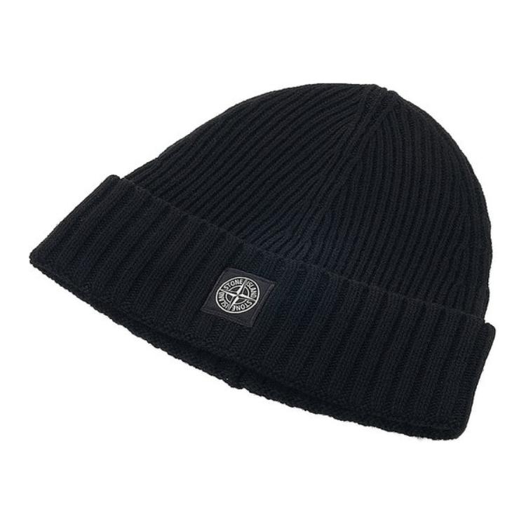 STONE ISLAND Logo Wool Knit Hat Men Hats Black 7916N03Z3-V0029