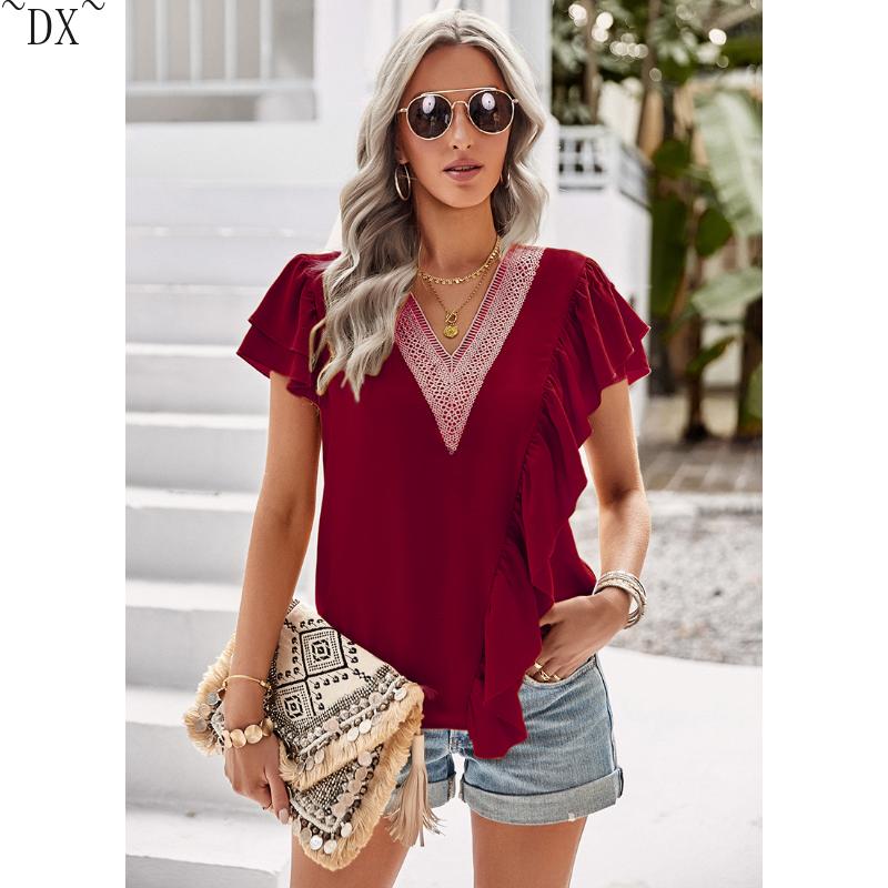 DX~~Short Sleeved Shirt Women's Summer Style Commuting V-neck Ruffle Top