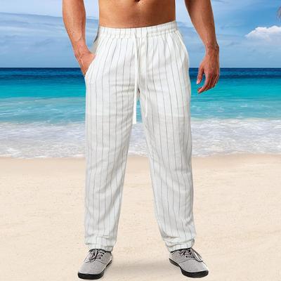 Men's Vertical Striped Tether Elastic Waist Cotton and Linen Beach Pants Casual Trousers