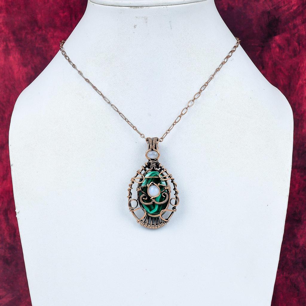 Evil Eye Malachite Pendant Copper Wire Wrapped Pendant Rainbow Moonstone Jewelry