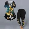 2Pcs/Set Women O-neck Short Sleeve Loose Hem Tops High Waist Leggings Yoga Pants Printing Sport Outfit Streetwear