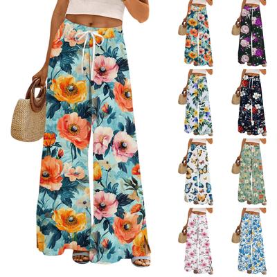 Damen Lockere Lässige Hose mit Blumenmuster, Weitem Bein, Elastischem Bund, Kordelzug und Taschen