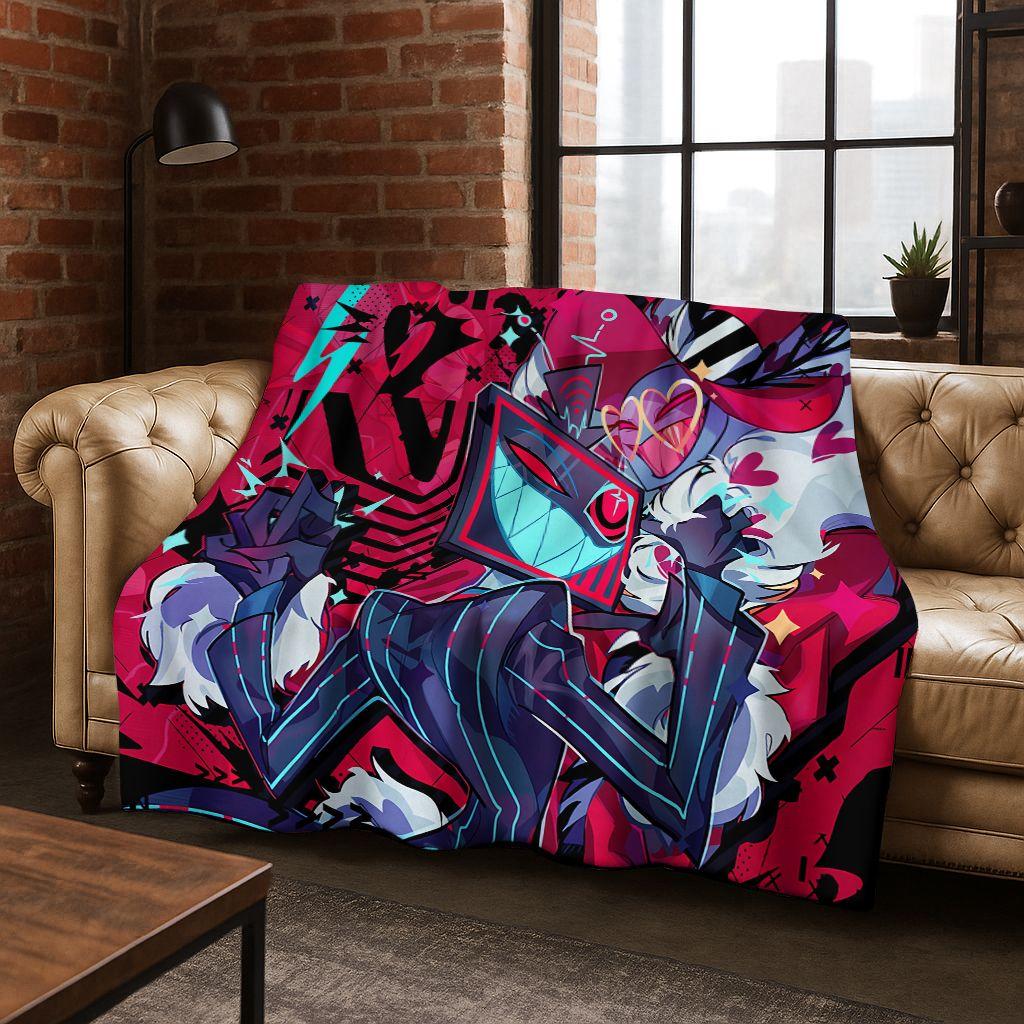 3D H-Helluva Boss Blitzo H-Hazbin Hotel Cartoon Flannel Blanket,Cozy Soft Throw Blanket for Home Bedroom Bed Sofa Cover Gift Kid