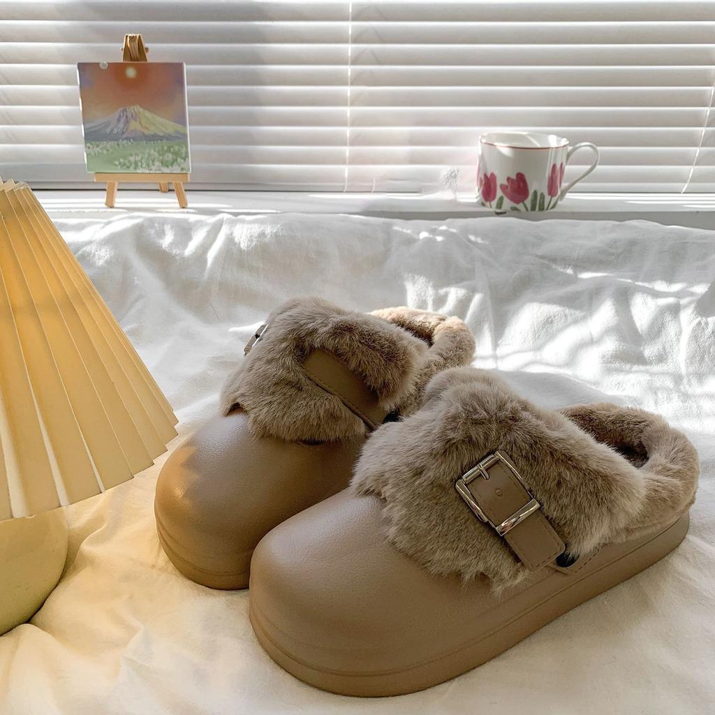 Waterproof Eva Thick Bottom Furry Clogs Women Winter Metal Buckle Fluffy Fur Outdoor Slippers Women's Warm Plush Slippers