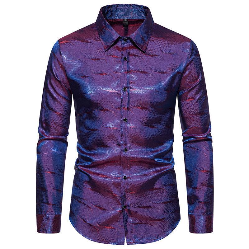 Herren S Langarm Gestreift Jacquard Punk Stil Nachtclub Hemd XXL violett