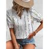 Bluse mit Spitzendetail und Blumendruck in Übergröße, elegante Bluse mit V-Ausschnitt und strukturierten Kurzarm für Frühling und Sommer, Damenkleidung in Übergröße