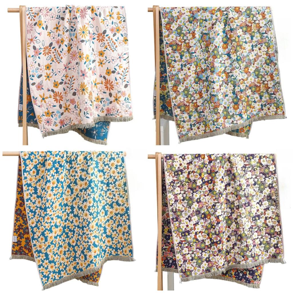 Flowers Tassels Bath Towel 80x160cm - 100% Cotton Gauze Towel Soft Absorbent Quick Drying Large Bath Towel Double-sided Floral Towel for Women