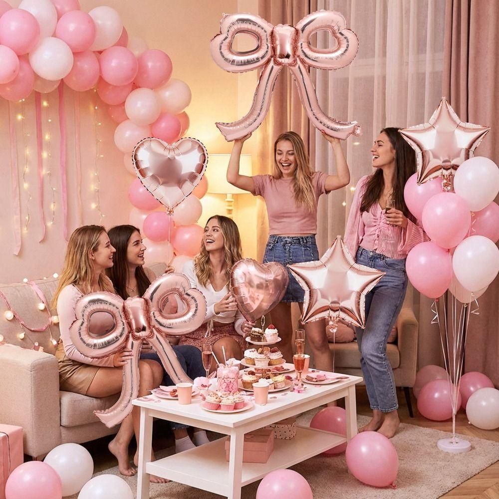 Bow Bow Foil Balloons Set Pink Foil Pink Bow Balloons Heart Star Bow Birthday Decorations