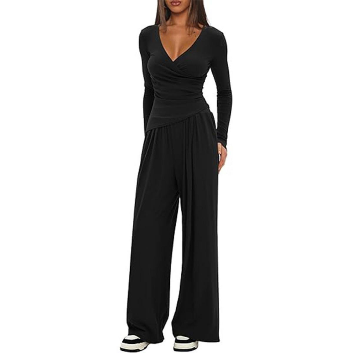 

Solid color 2-piece casual set, knitted V-neck long sleeved wide leg pants, casual matching with sports set XL чорний