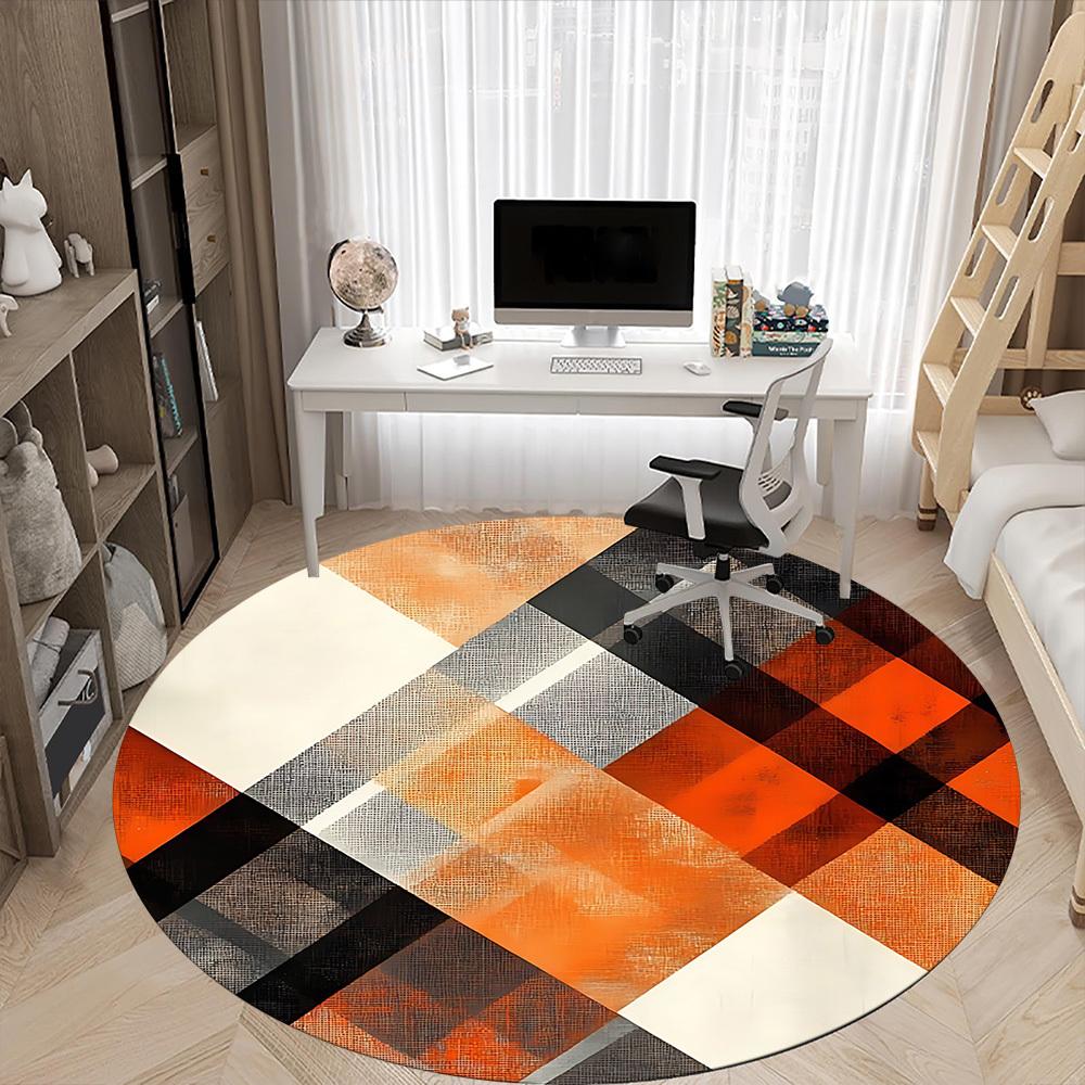 1pc Orange Black White Chair Carpet for Office, Round Polyester Mat, Indoor Decor for Office, Easycare Fabric, Washable Non-slip Area Carpet