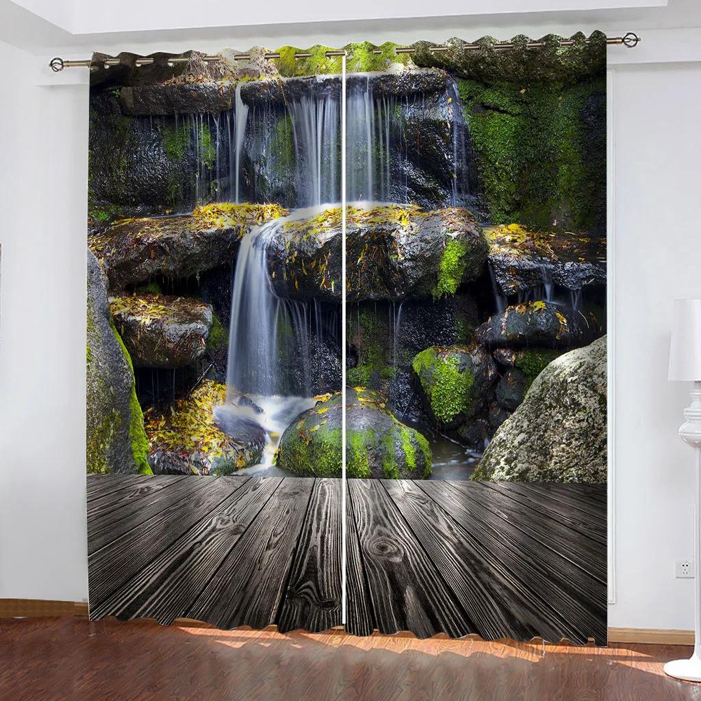 2PC Nature Landscape Theme Forest River Curtains for Bedroom, Balcony, Living Room, Green Forest Print  Curtain Window Drape