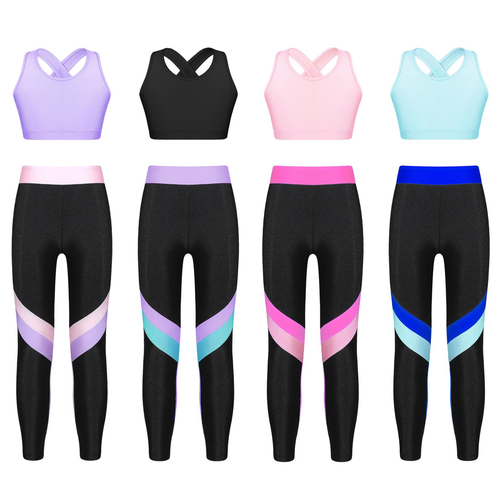 

Танцювальне вбрання для дітей, 2 предмети, спортивний бюстгальтер, укорочений топ, спортивні легінси, гімнастичний спортивний костюм 13-14 Years світло-синій колір