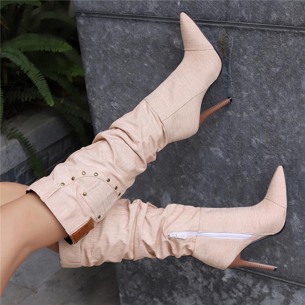 Fashion Women's Autumn and Winter New Pleated High-heeled Short Boots Pointed Zip Knee-length Boots Women's 34-50 Large Mid Length Boots