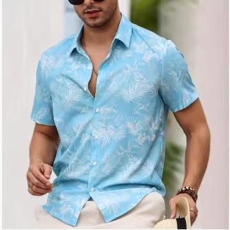 Camisa Masculina de Manga Curta com Botões Estampa Folha de Palmeira Tropical 2026, Camisa Casual de Verão Estilo Praia Casual