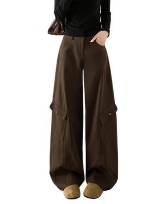 MTUIOY Cargo Casual and Perfect for Spring and Solid Loose Plus Sizes Brown L Women's Wide-Leg Pants, Stylish, Autumn, Color, Fit, - -