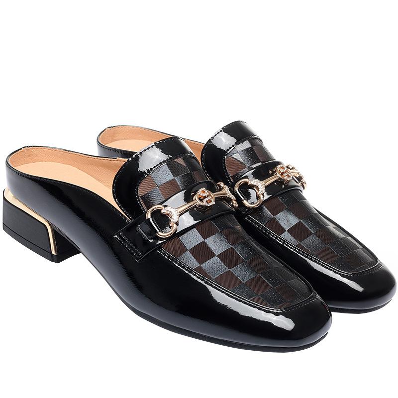 Lady Elegant Black Pu Soft Leather Spring Slip On Square Heel Shoes For Spring Summer Luxury Brand Hollow  Rhinestones Solid