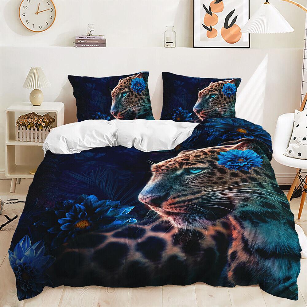 Floral Animals Big Cats Lion Tiger Leopard Animal Print Duvet Quilt Cover Set