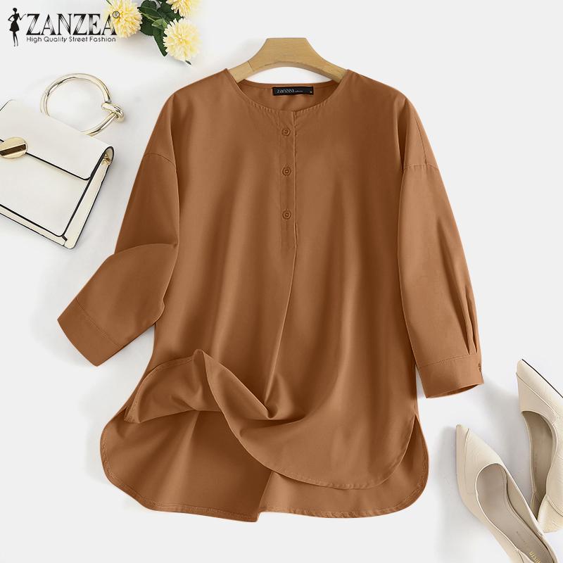 

ZANZEA Женская повседневная однотонная блузка с круглым вырезом и рукавами 3/4