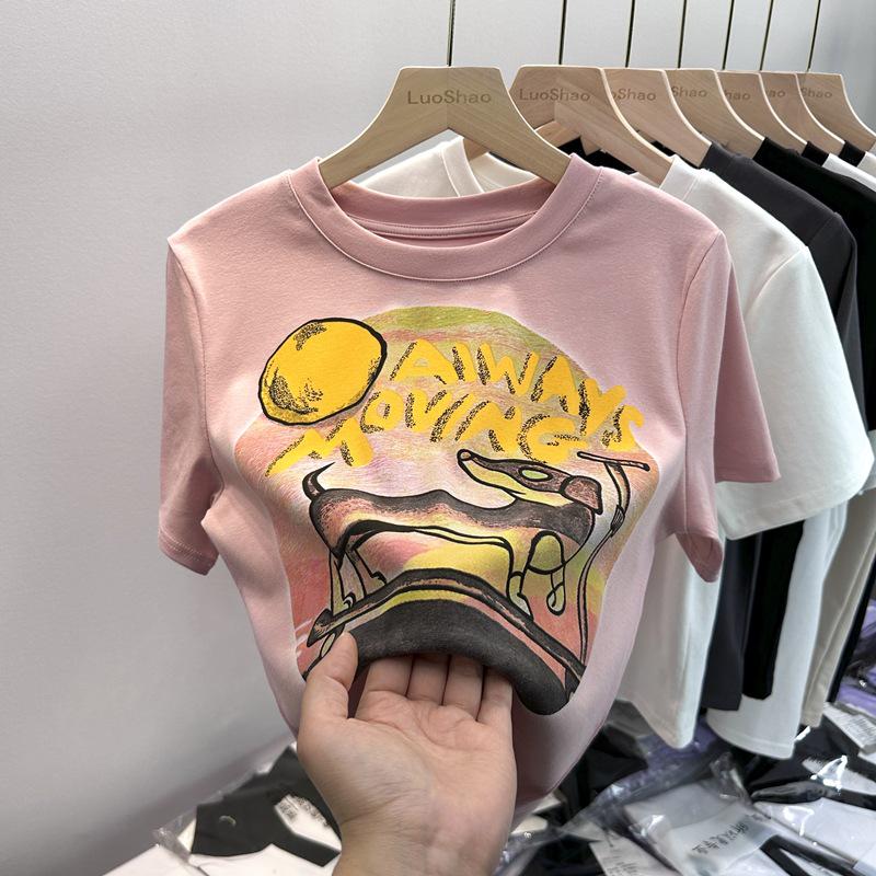 

Women s Chic American Retro Slim Fit Short-Sleeve T-Shirt – Summer 2024 Sweet Girl Style Large розовый