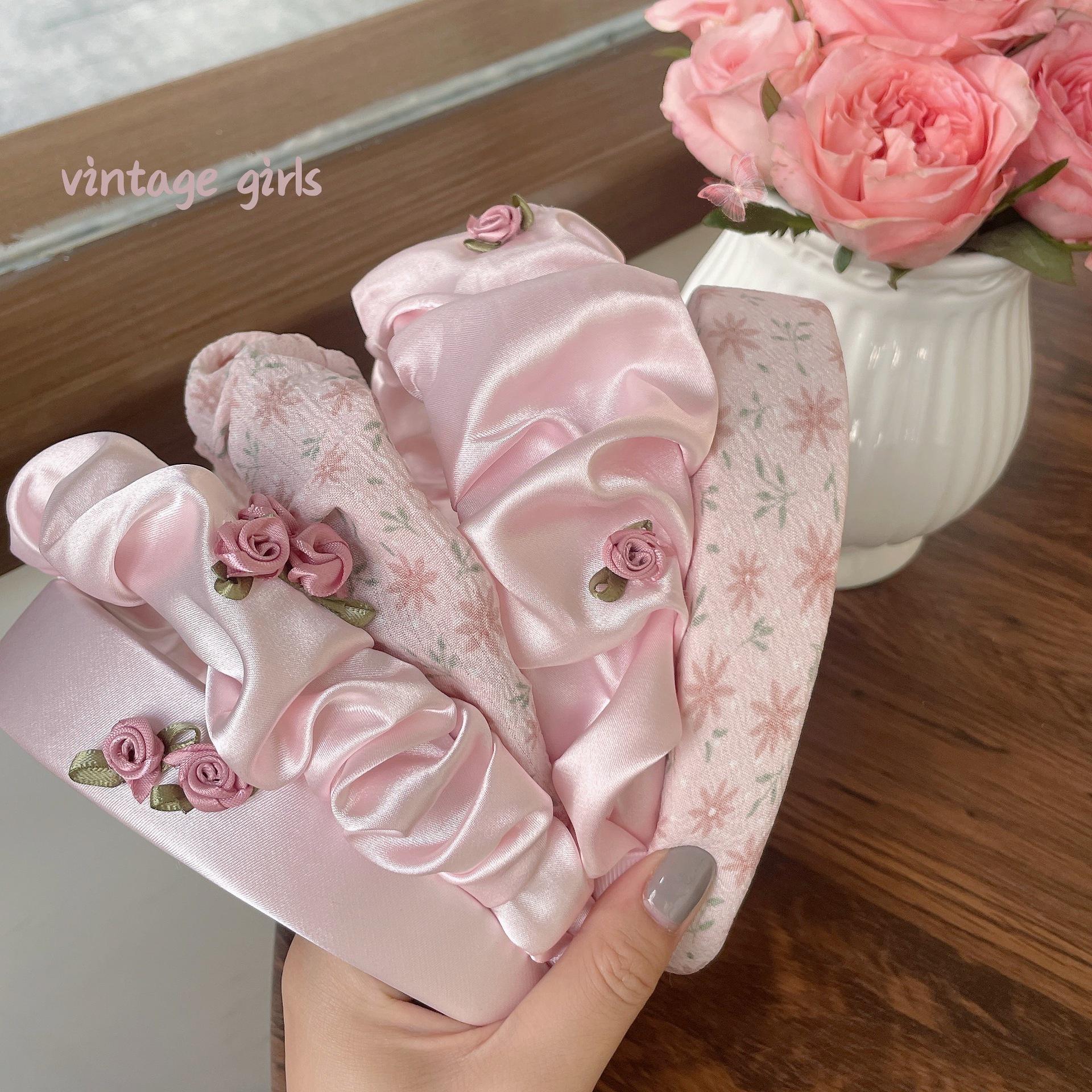 

Korean Pink Glossy Pleated Flower Wide Headband for Women