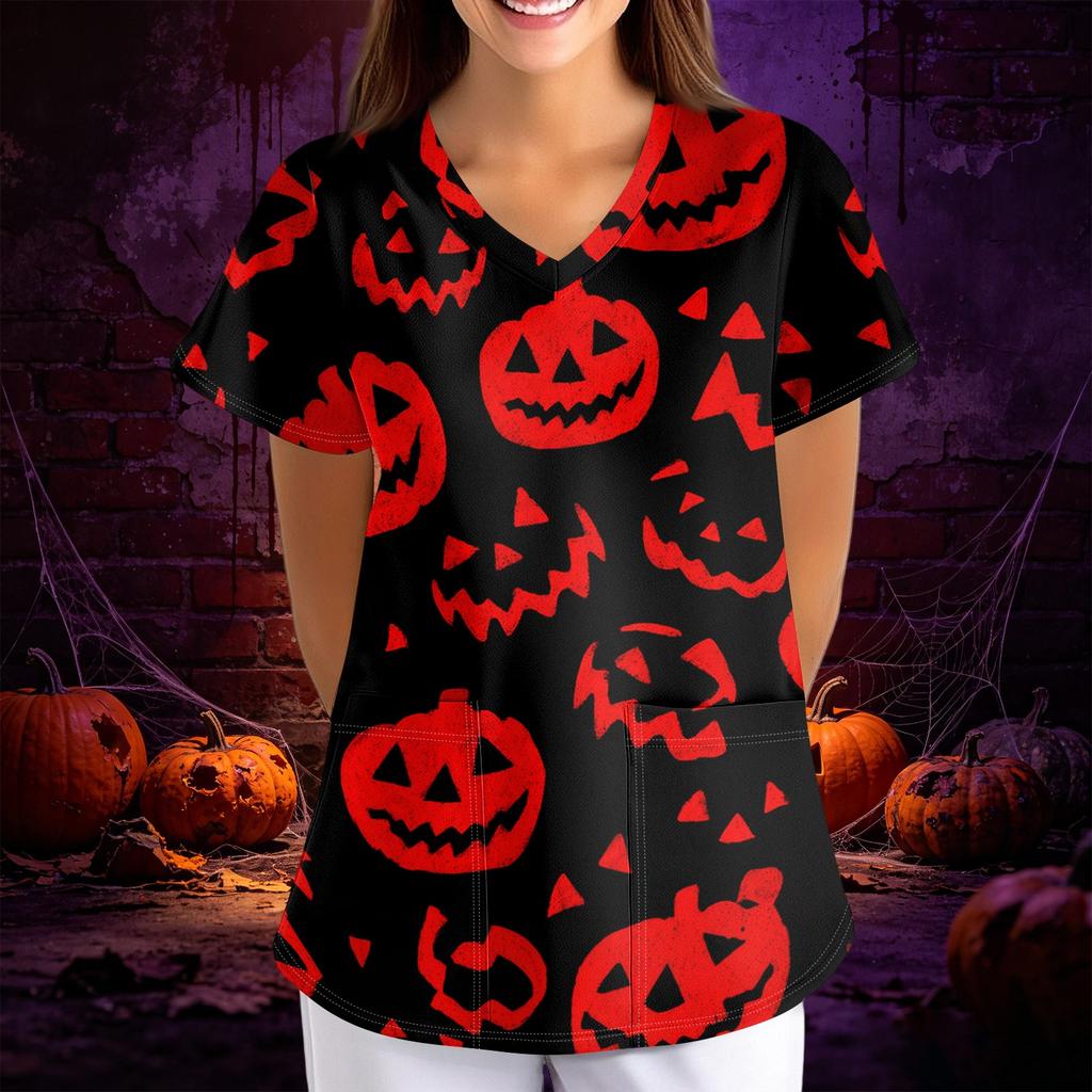 Women's Halloween Print Loose V-Neck Short Sleeve Pocket Uniform Top Scrub Costume Cosplay for Adult Women