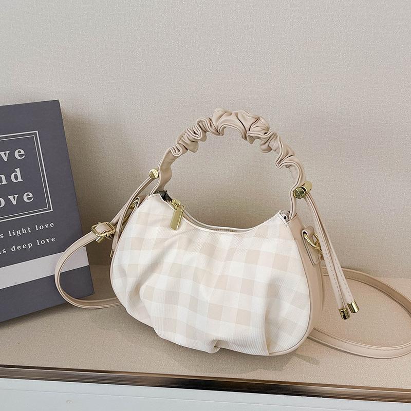 

Niche texture pleated bag women s bag 2025 new plaid dumpling bag fashionable one-shoulder crossbody bag світлого кольору хакі