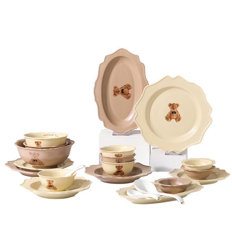 Morandi Bear Dish Set Vegetable Plate Rice Bowl Spoon Western Food Plate Ceramic Tableware Combination Bowl And Chopsticks