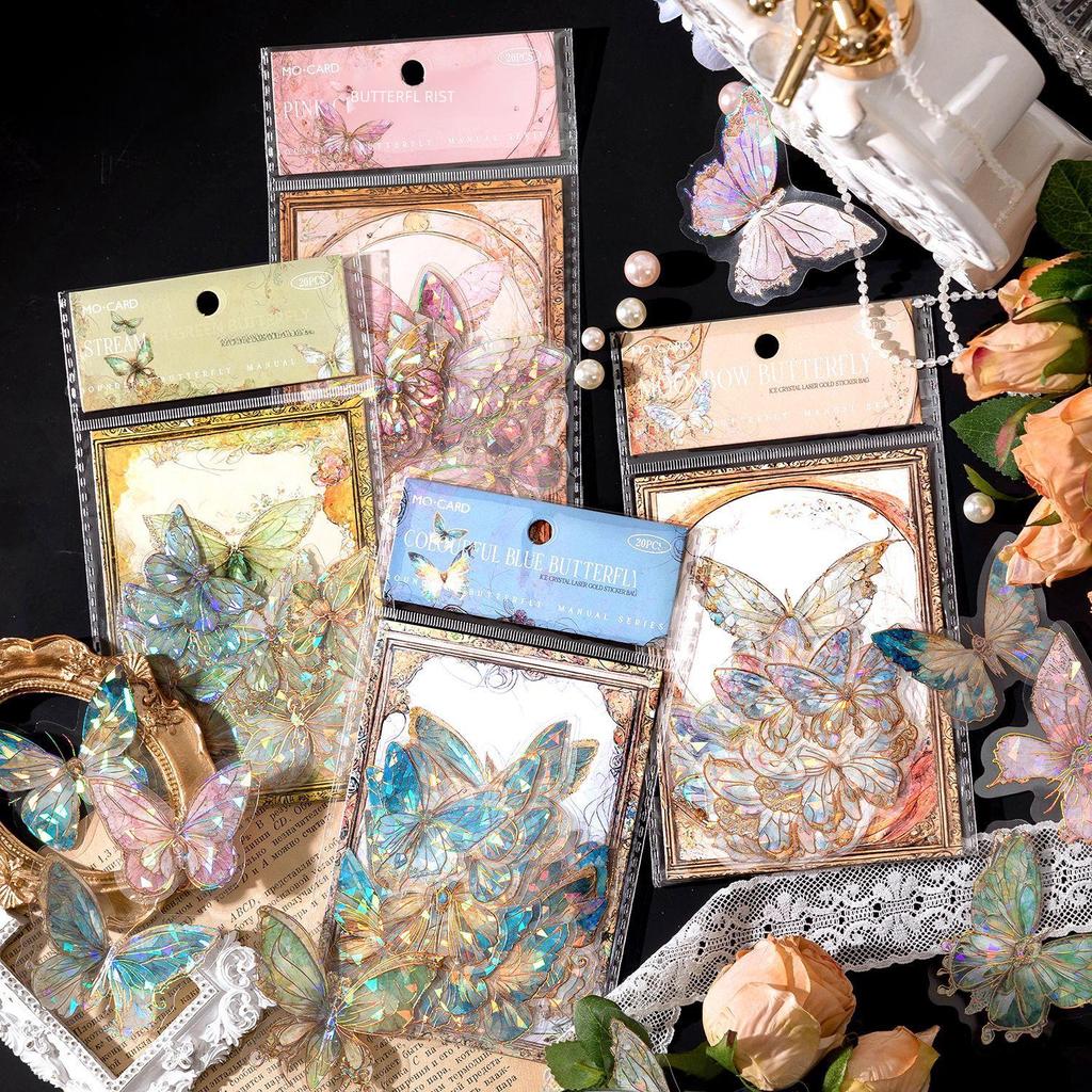 Momo PET Sticker Pack: Unbounded Butterfly Series - 3D Ice Crystal Laser Gold Butterfly Stickers